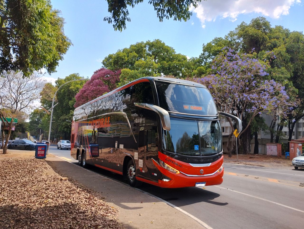 Modern double-decker bus on a sunny day in Brasília, surrounded by vibrant trees.